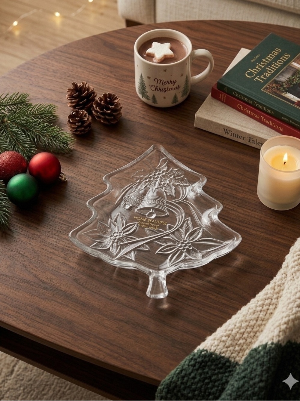 Home Beautiful Christmas Tree Plate Happy Holidays Clear Glass 7.5" Open Box